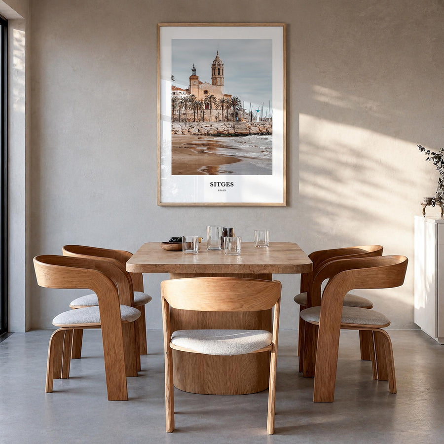 Sitges colorful classic poster of Spain – vertical wall art in natural wood frame, hanging on wall