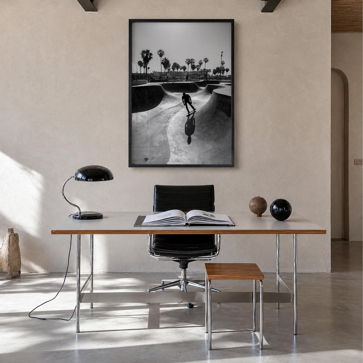 Skateboard no. 3 black & white photo poster – vertical wall art in black wood frame, hanging on wall