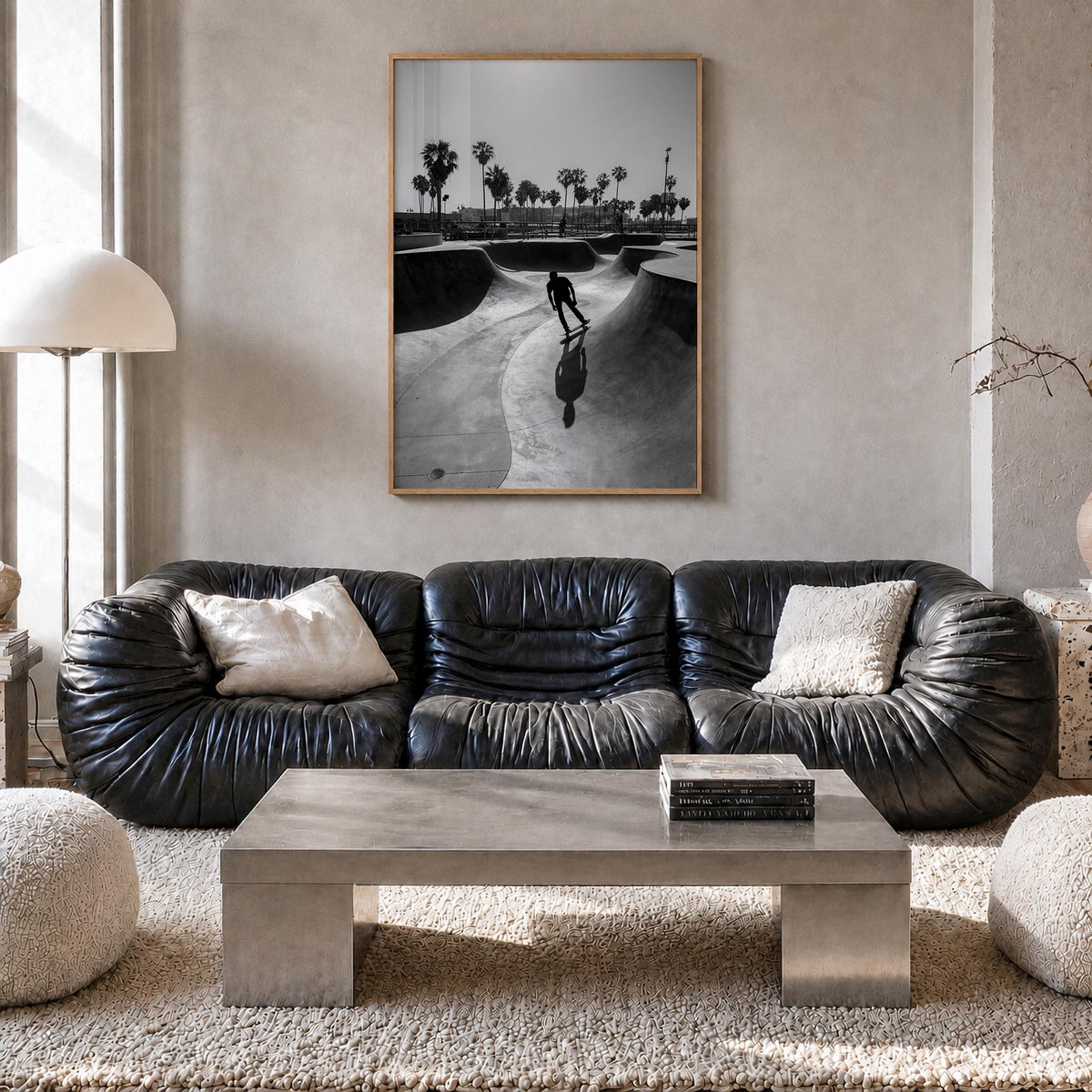 Skateboard no. 3 black & white photo poster – vertical wall art in natural wood frame, hanging on wall