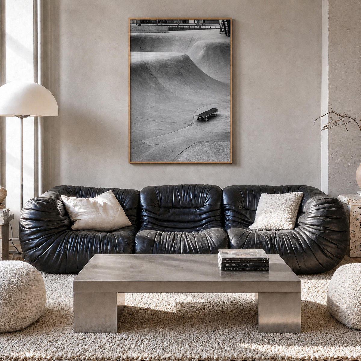 Skateboard no. 4 black & white photo poster – vertical wall art in natural wood frame, hanging on wall