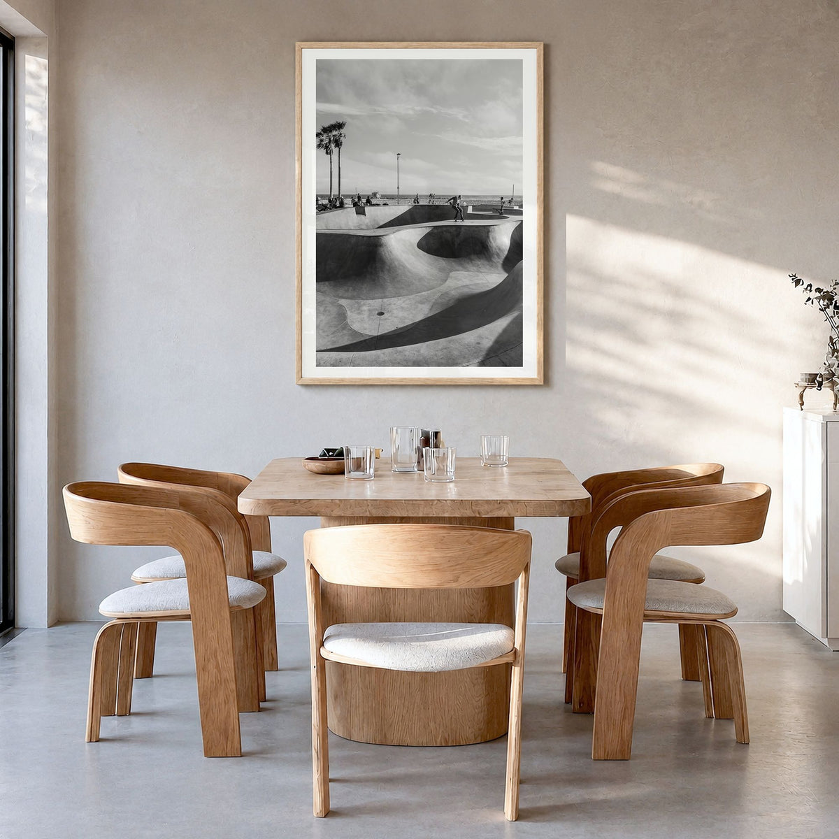 Skateboard Photo No 2 Poster in a natural wood frame, hanging in a dining room, white border
