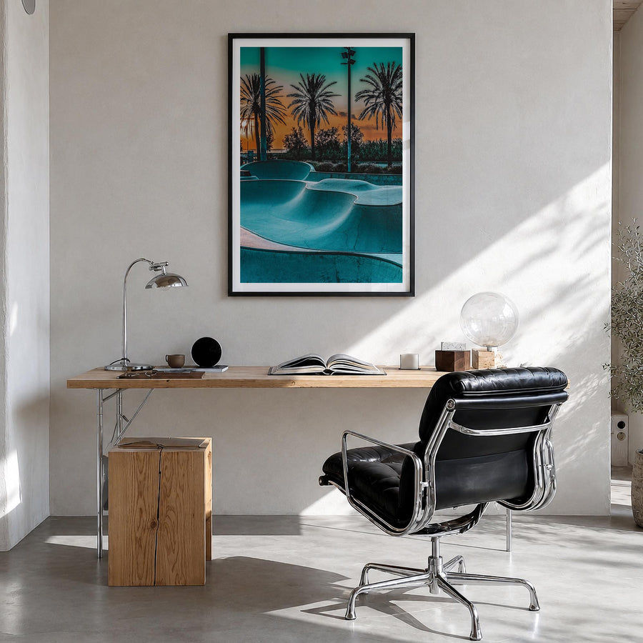 Skatepark no. 1 colorful photo poster – vertical wall art in black wood frame with white border, hanging on wall