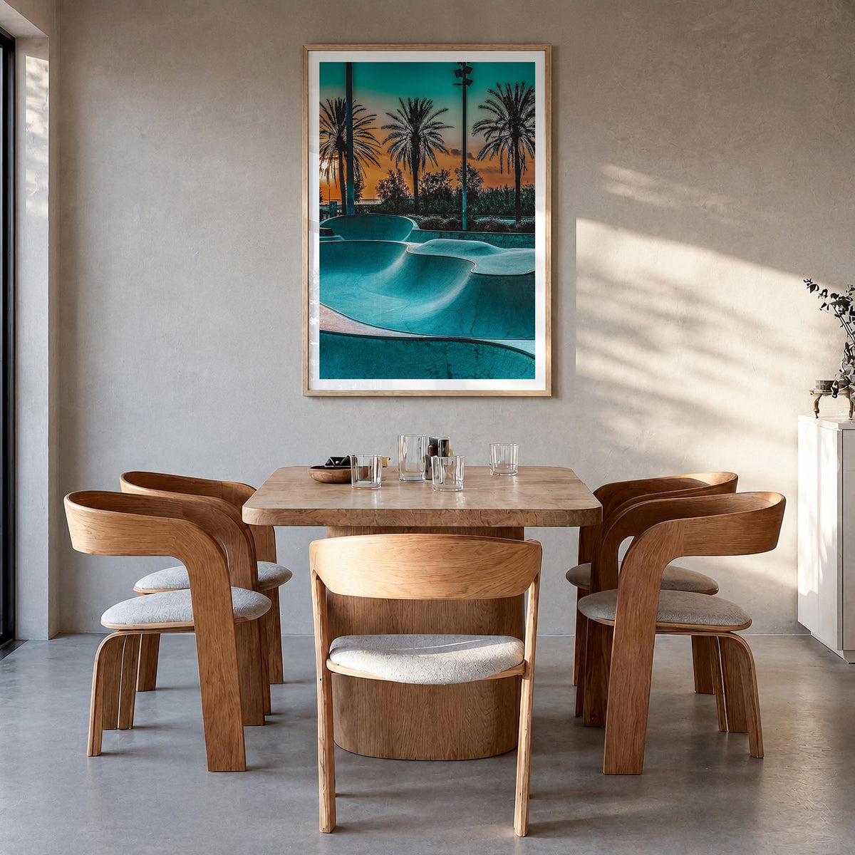 Skatepark no. 1 colorful photo poster – vertical wall art in natural wood frame with white border, hanging on wall
