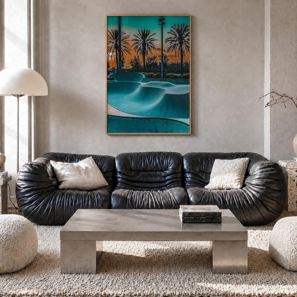 Skatepark no. 1 colorful photo poster – vertical wall art in natural wood frame, hanging on wall