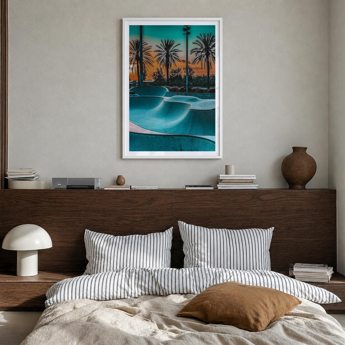 Skatepark no. 1 colorful photo poster – vertical wall art in white wood frame with white border, hanging on wall