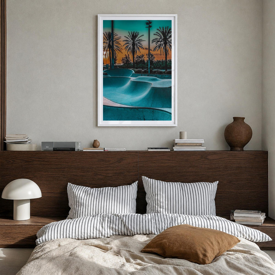 Skatepark no. 1 colorful photo poster – vertical wall art in white wood frame with white border, hanging on wall