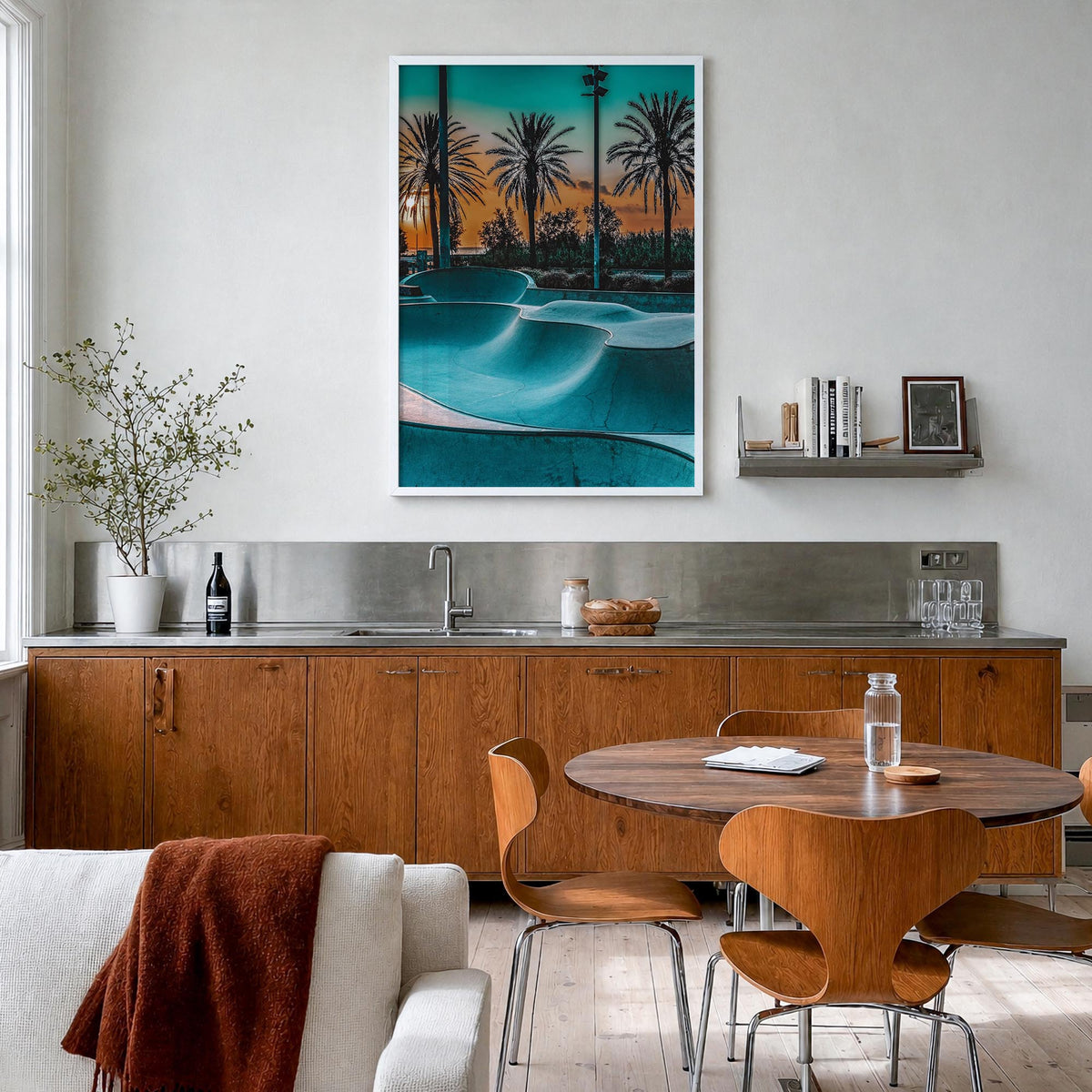Skatepark no. 1 colorful photo poster – vertical wall art in white wood frame, hanging on wall