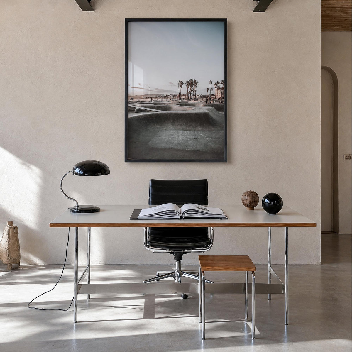Skatepark no. 2 colorful photo poster – vertical wall art in black wood frame, hanging on wall