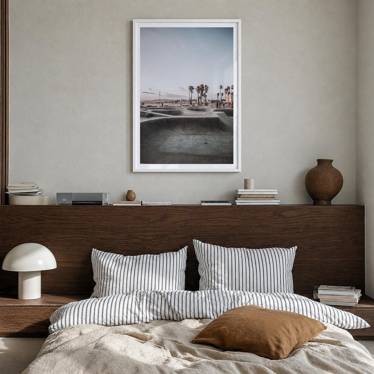 Skatepark no. 2 colorful photo poster – vertical wall art in white wood frame with white border, hanging on wall