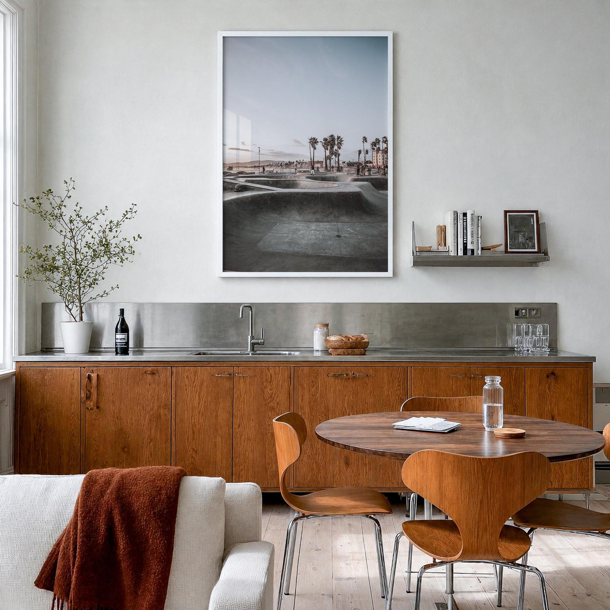 Skatepark no. 2 colorful photo poster – vertical wall art in white wood frame, hanging on wall
