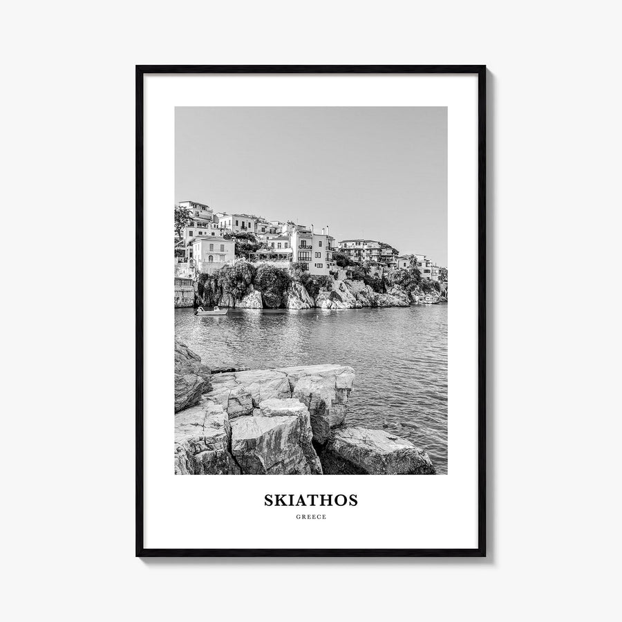 Skiathos black & white classic poster of Greece – vertical wall art, unframed print shown in interior mockup