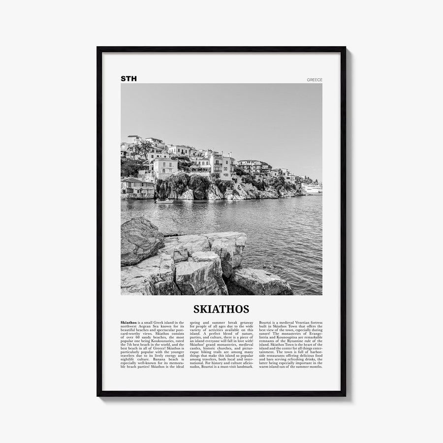 Skiathos black & white newspaper poster of Greece – vertical wall art, unframed print shown in interior mockup