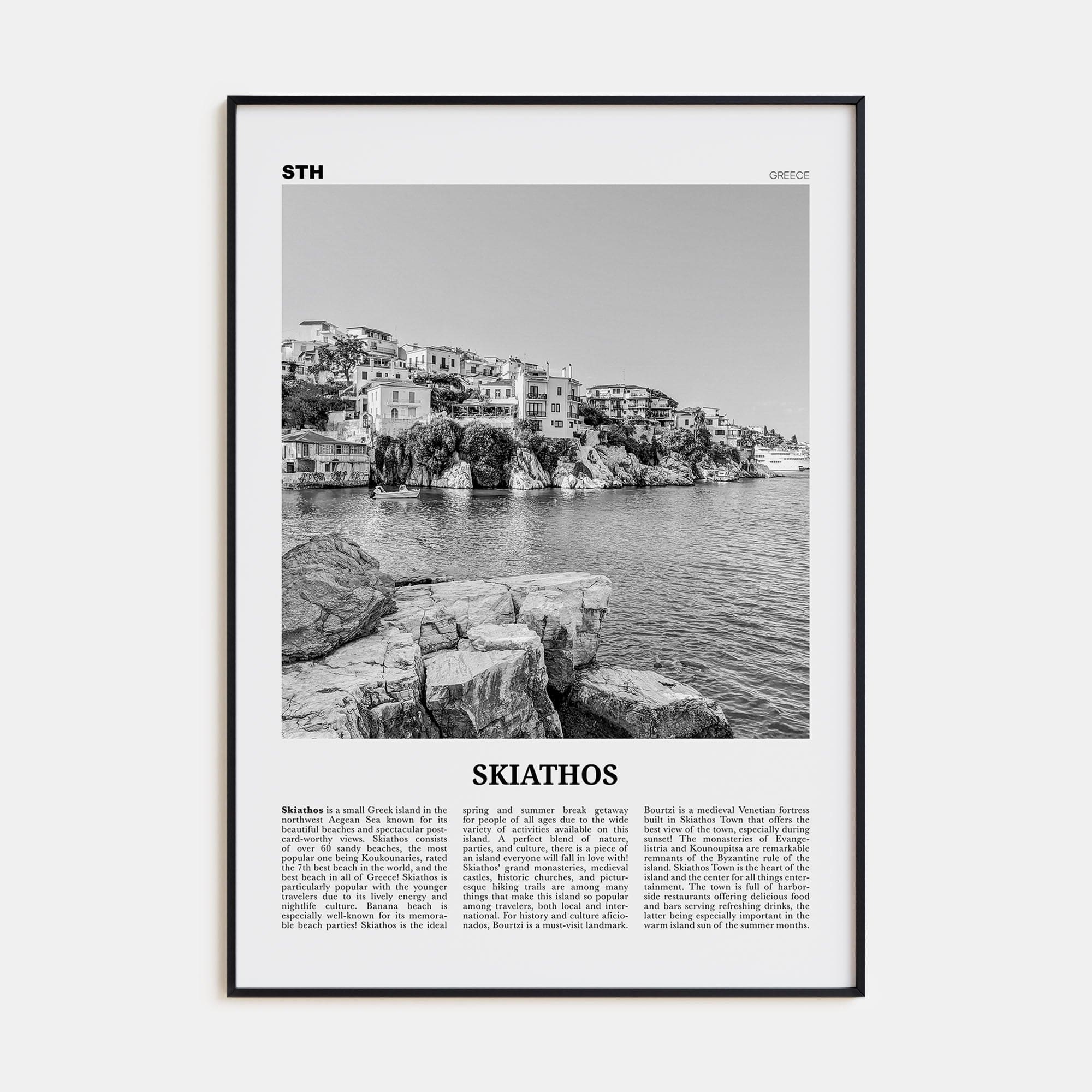 Skiathos Poster Black Metal / 8x12 in Nbourhood Travel B&W Poster