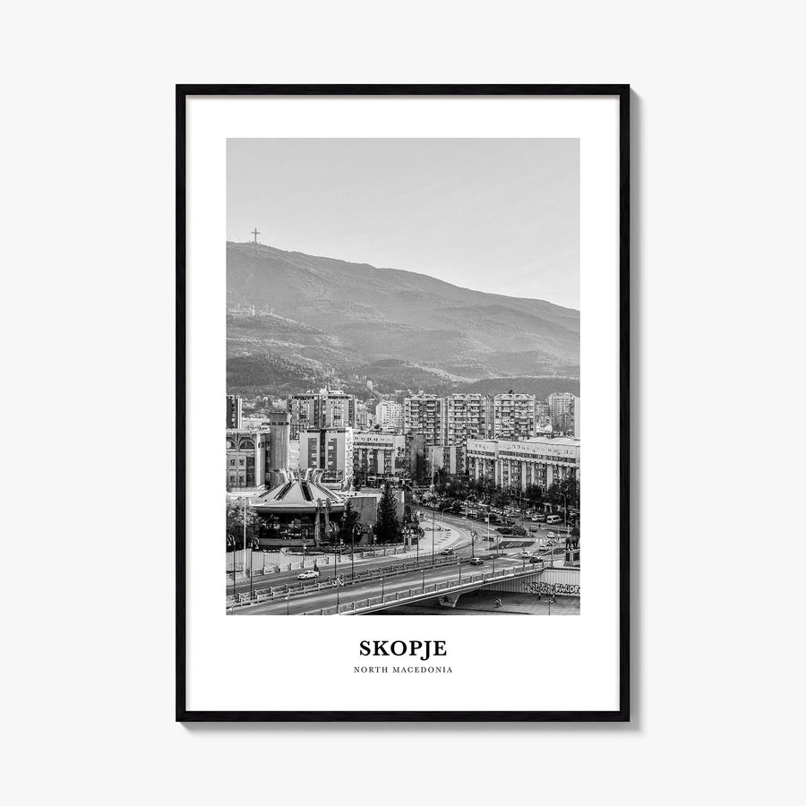 Skopje black & white classic poster of North Macedonia – vertical wall art, unframed print shown in interior mockup