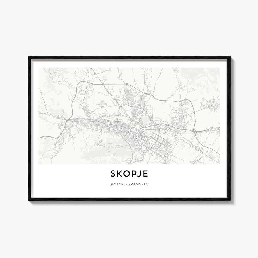 Skopje black & white map poster of North Macedonia – horizontal wall art, unframed print shown in interior mockup