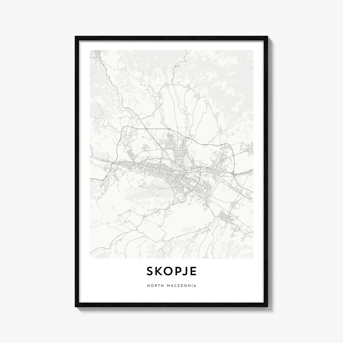 Skopje black & white map poster of North Macedonia – vertical wall art, unframed print shown in interior mockup