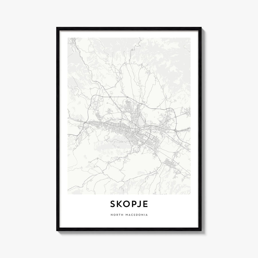 Skopje black & white map poster of North Macedonia – vertical wall art, unframed print shown in interior mockup