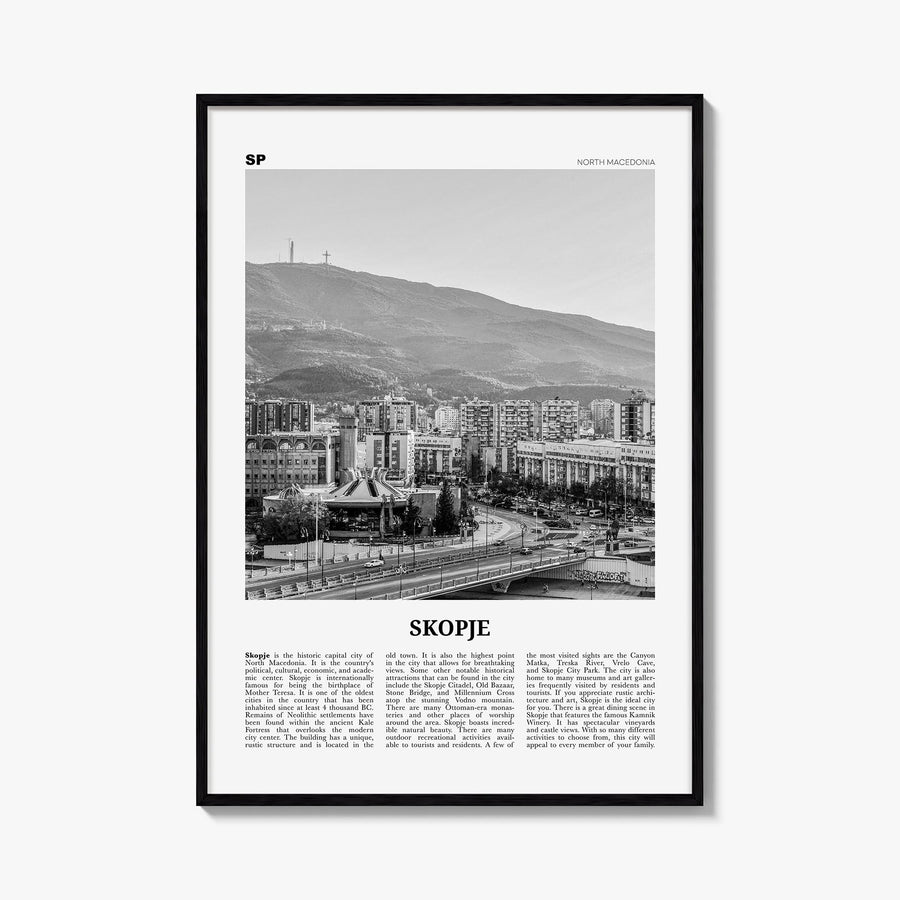 Skopje black & white newspaper poster of North Macedonia – vertical wall art, unframed print shown in interior mockup