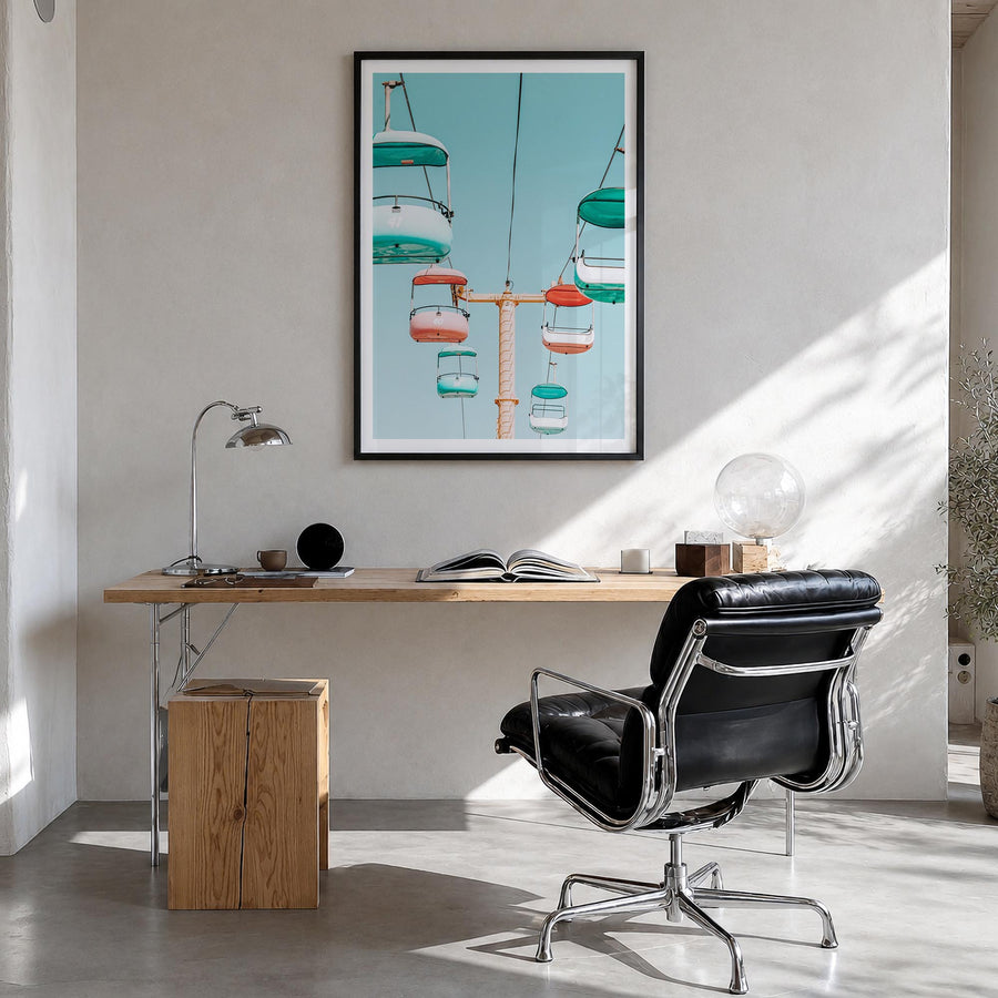 Sky Glider Ride colorful photo poster – vertical wall art in black wood frame with white border, hanging on wall
