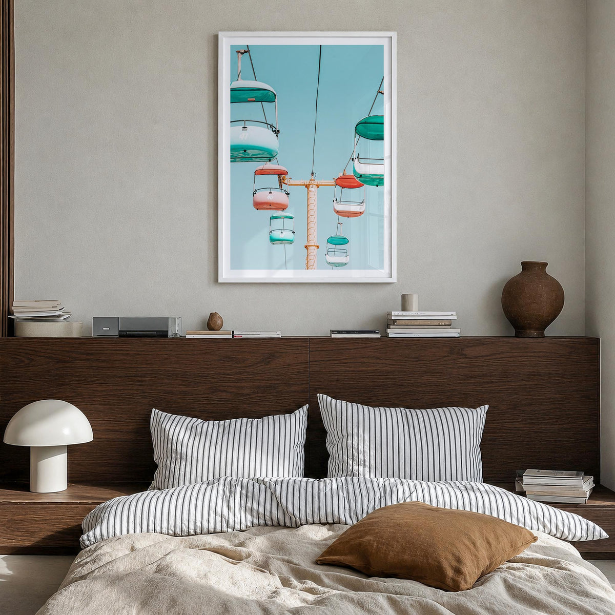 Sky Glider Ride colorful photo poster – vertical wall art in white wood frame with white border, hanging on wall