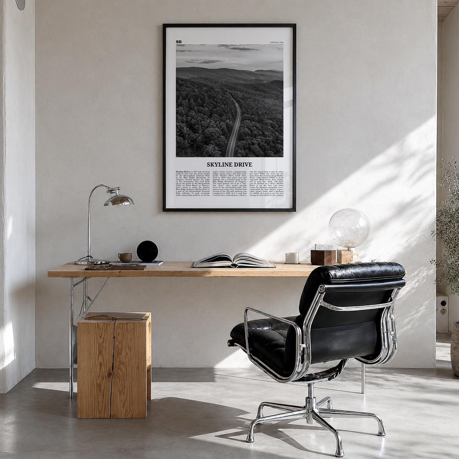 Skyline Drive black & white newspaper poster of Virginia, USA – vertical wall art in black wood frame, hanging on wall