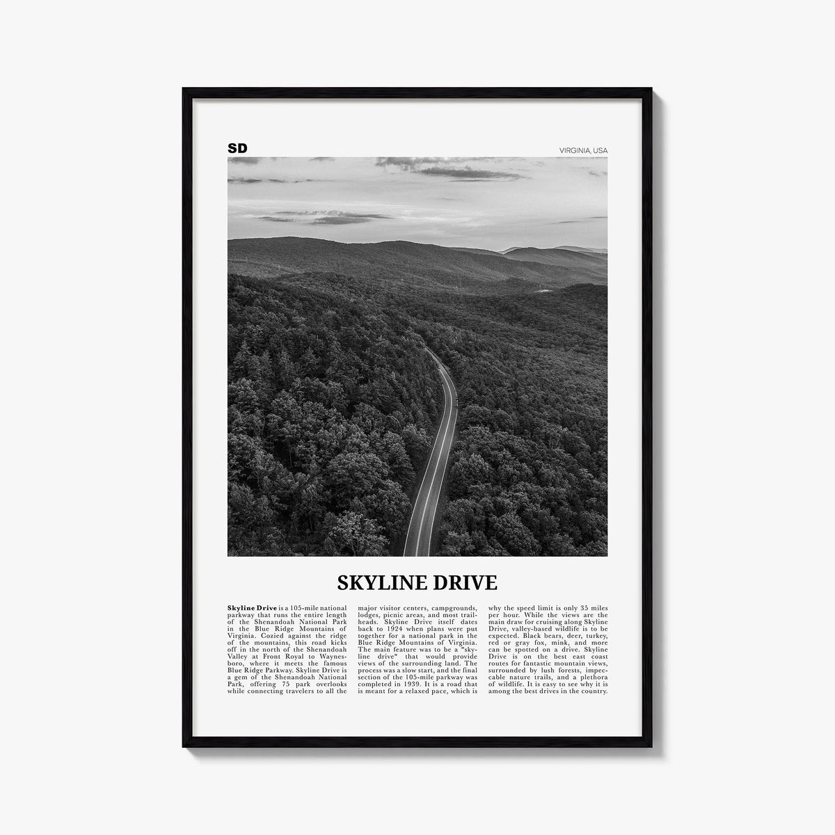 Skyline Drive black & white newspaper poster of Virginia, USA – vertical wall art, unframed print shown in interior mockup