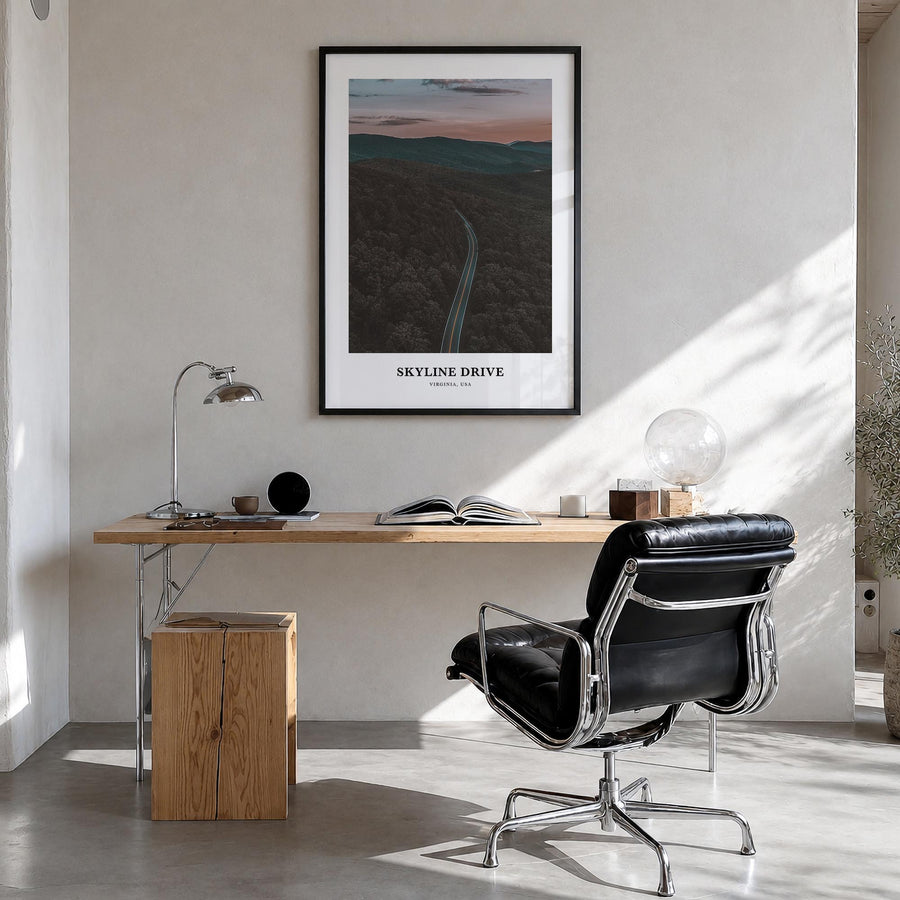 Skyline Drive colorful classic poster of Virginia, USA – vertical wall art in black wood frame, hanging on wall