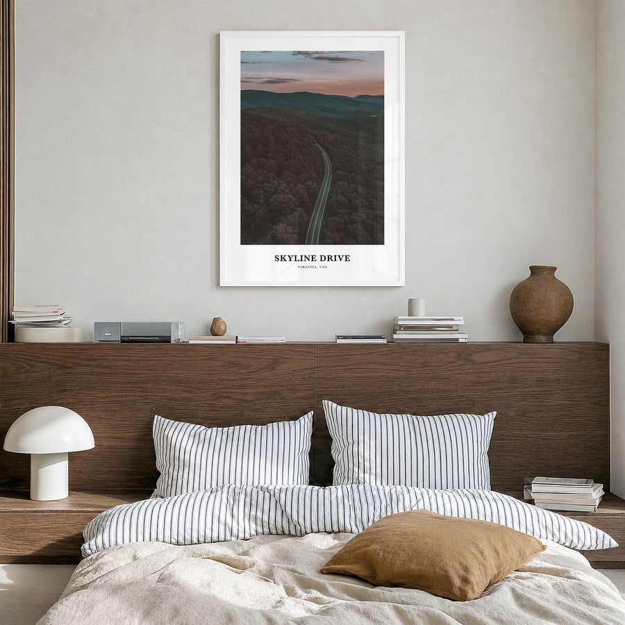 Skyline Drive Classic Poster in a white wood frame, hanging in a bedroom