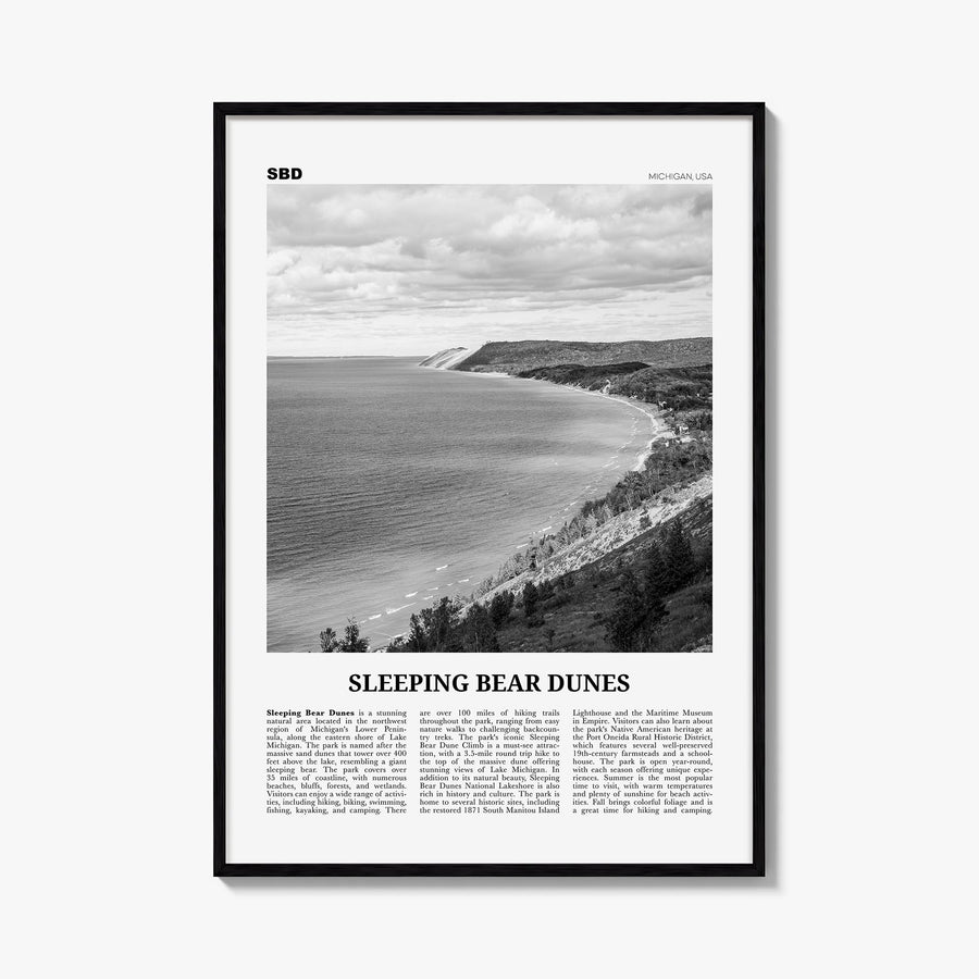Sleeping Bear Dunes black & white newspaper poster of Michigan, USA – vertical wall art, unframed print shown in interior moc