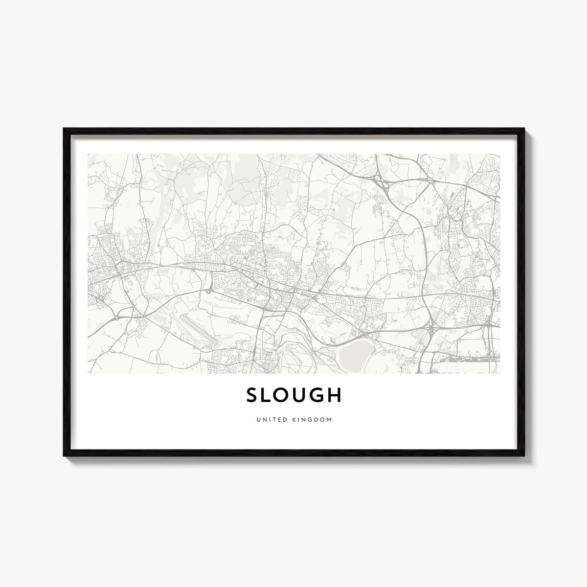 Slough black & white map poster of United Kingdom – horizontal wall art, unframed print shown in interior mockup