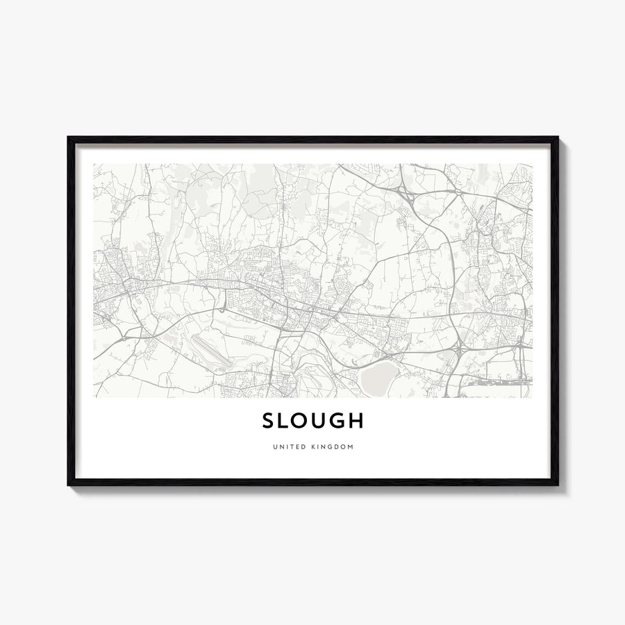Slough black & white map poster of United Kingdom – horizontal wall art, unframed print shown in interior mockup