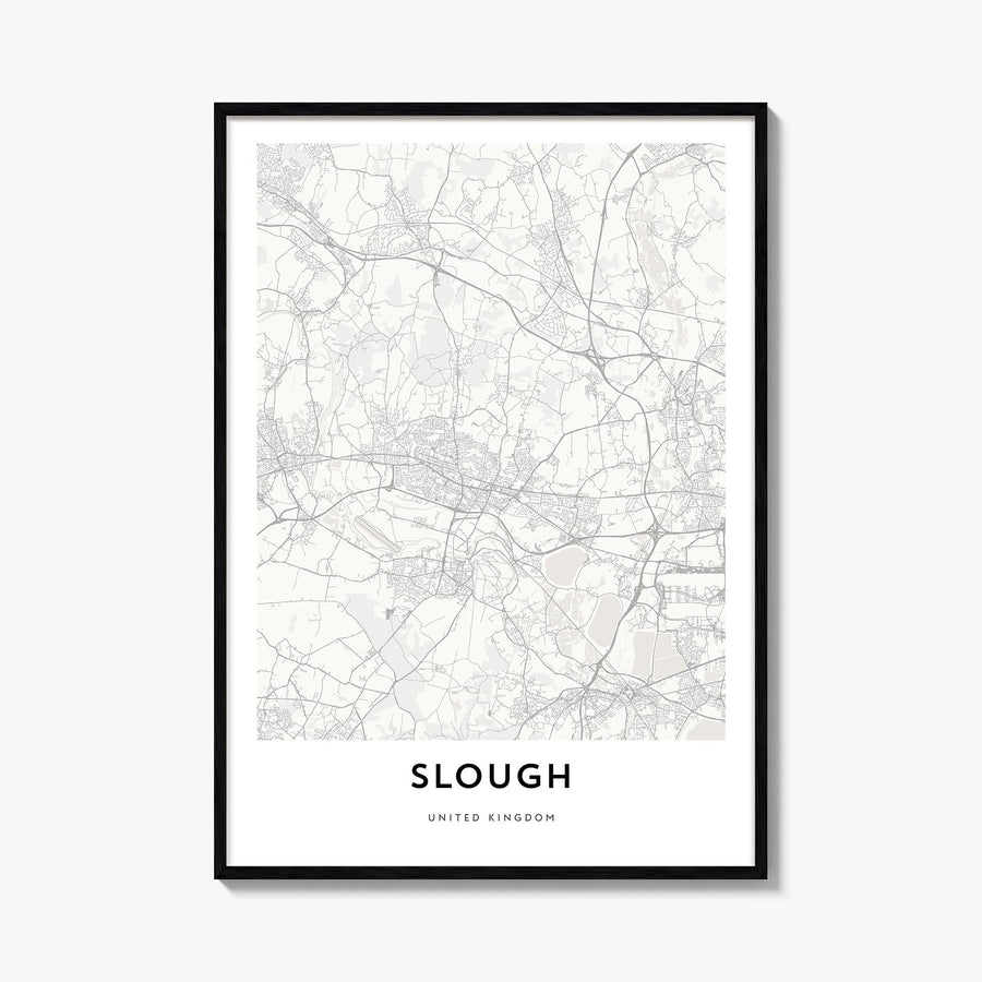 Slough black & white map poster of United Kingdom – vertical wall art, unframed print shown in interior mockup