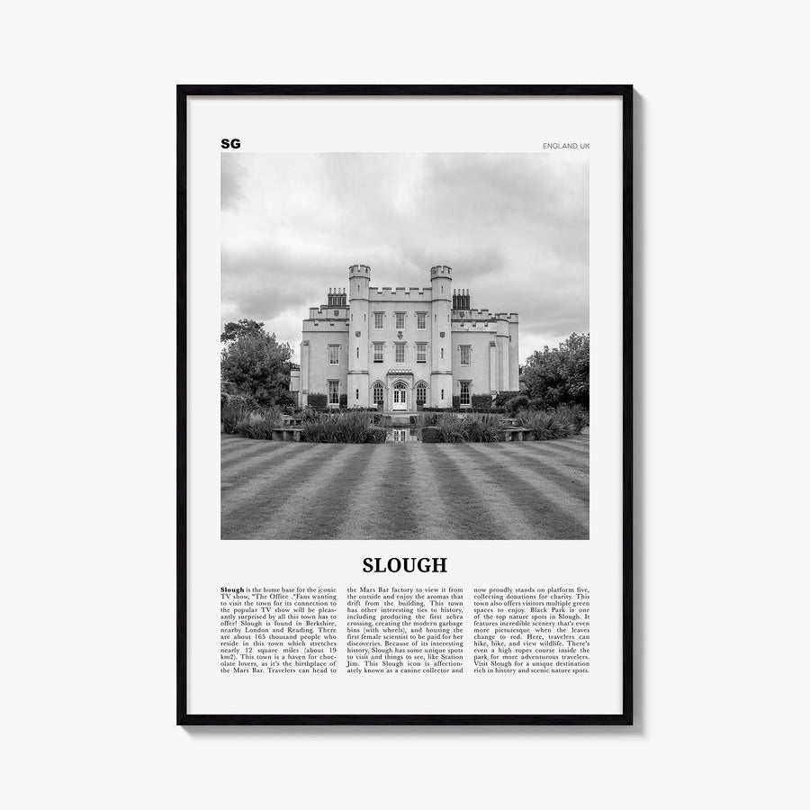 Slough black & white newspaper poster of United Kingdom – vertical wall art, unframed print shown in interior mockup