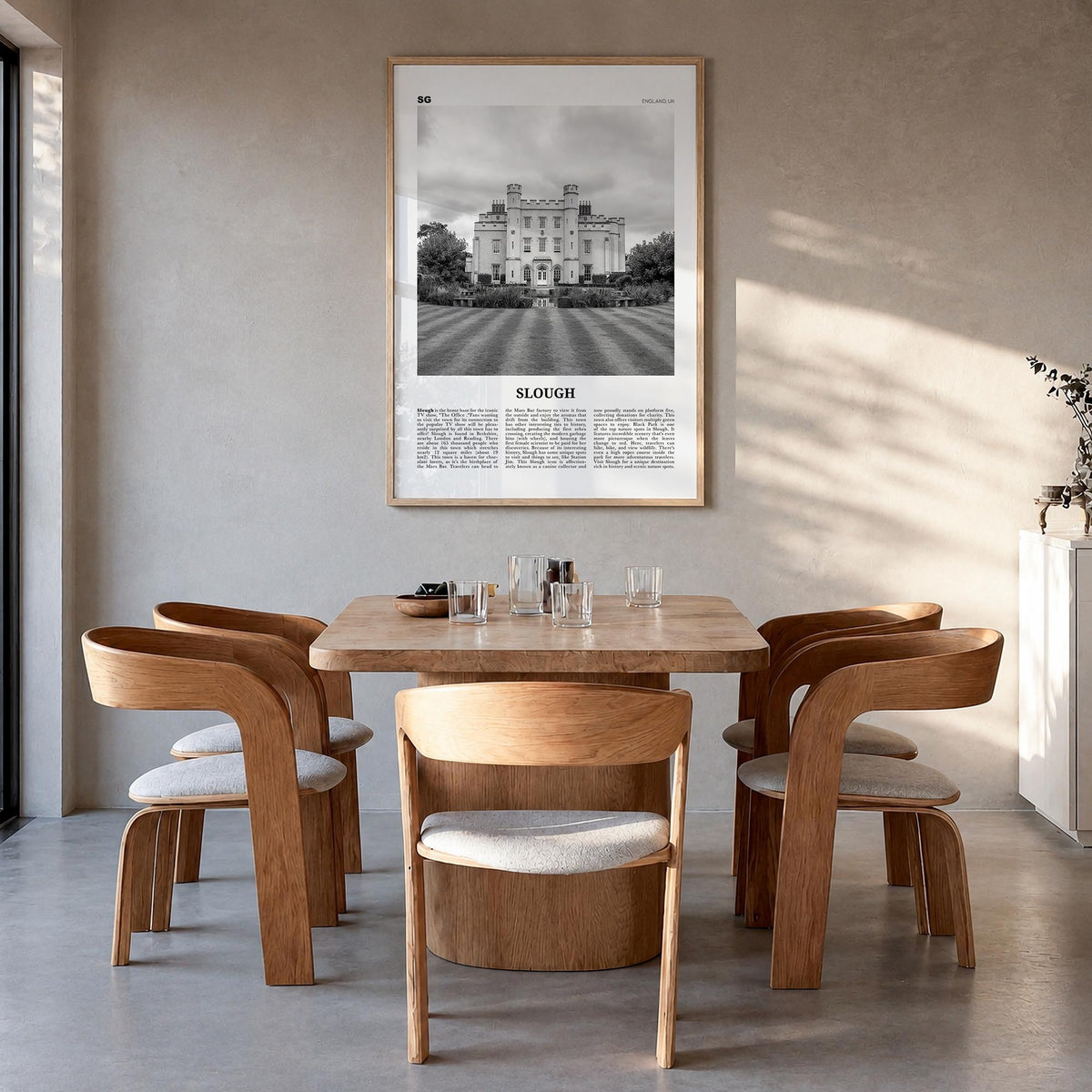 Slough black & white newspaper poster of United Kingdom – vertical wall art in natural wood frame, hanging on wall