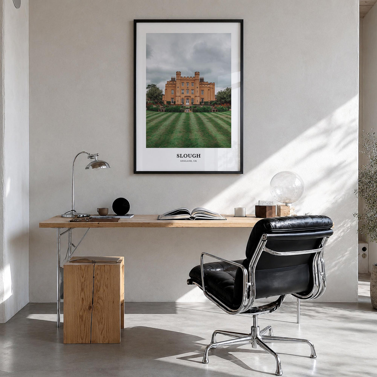 Slough colorful classic poster of United Kingdom – vertical wall art in black wood frame, hanging on wall