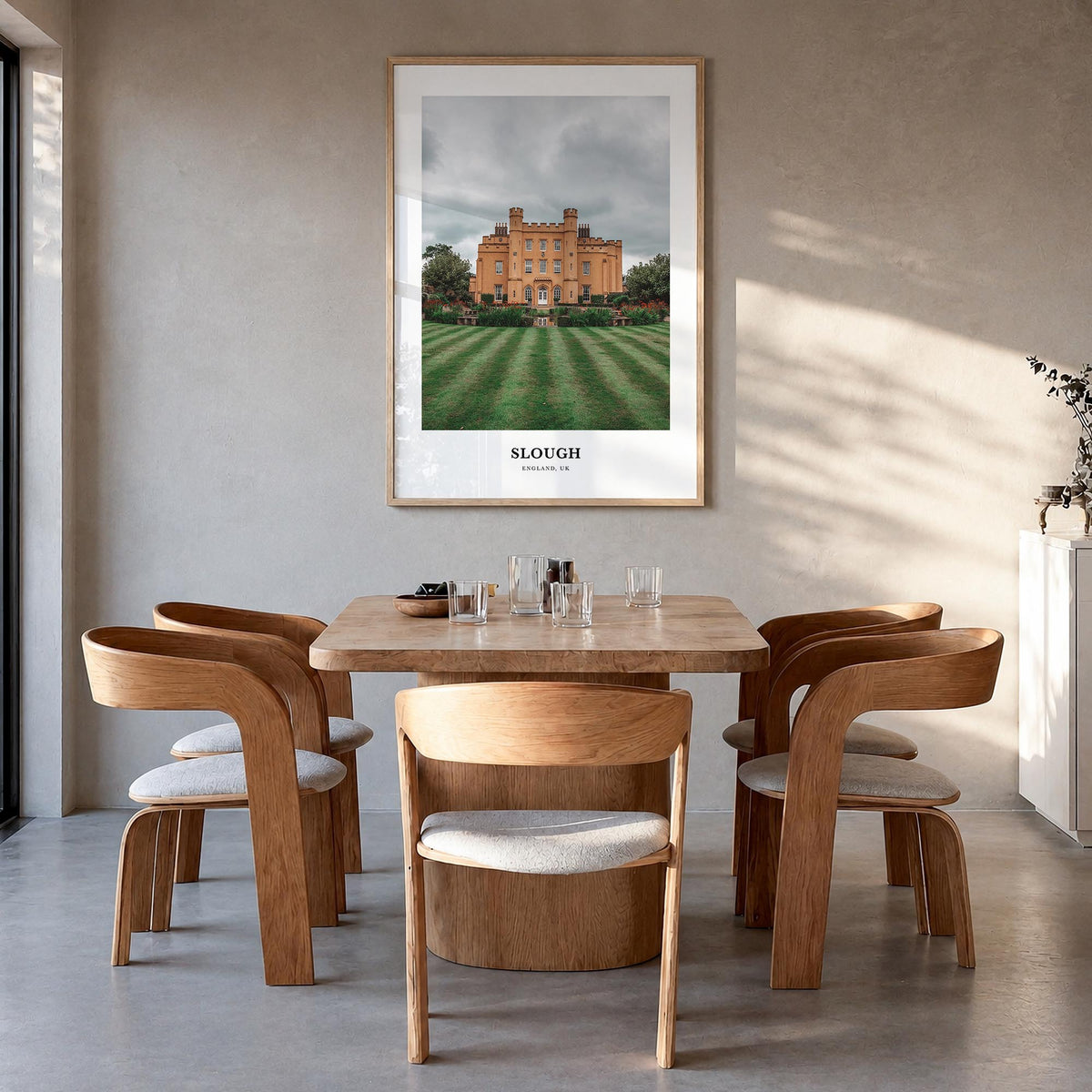 Slough colorful classic poster of United Kingdom – vertical wall art in natural wood frame, hanging on wall