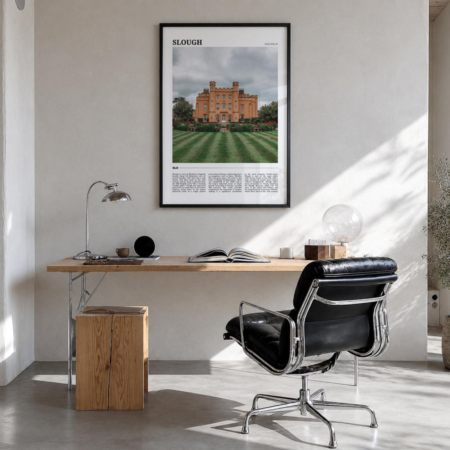 Slough colorful travel poster of United Kingdom – vertical wall art in black wood frame, hanging on wall