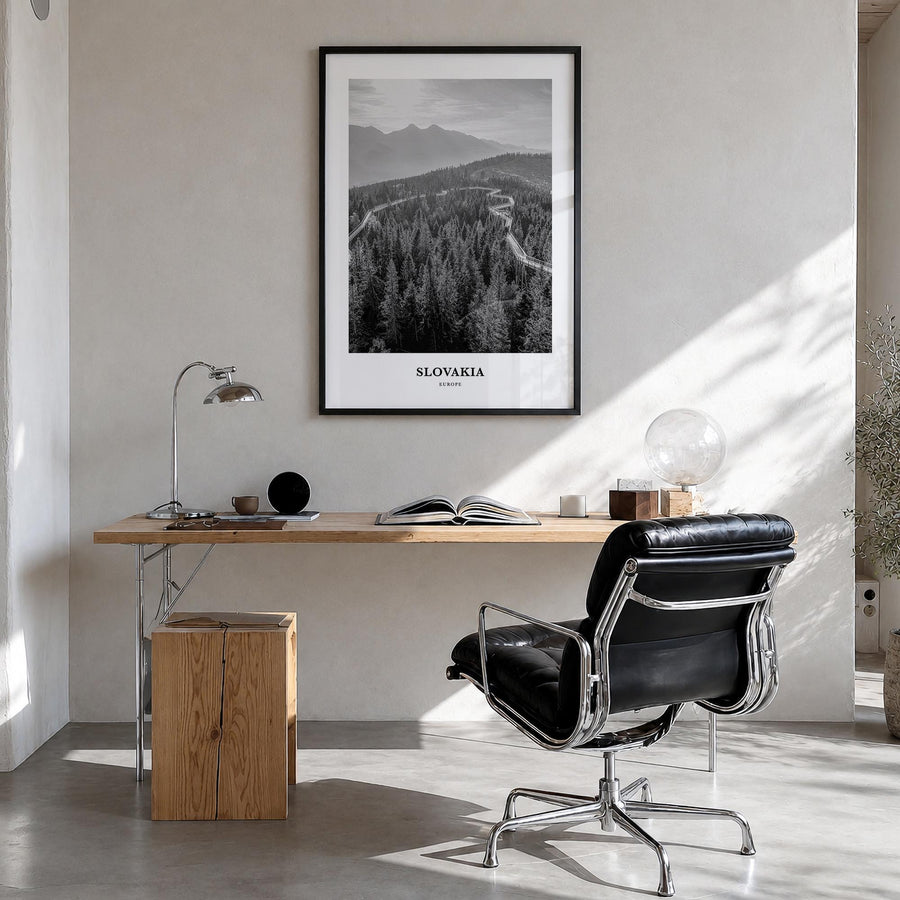 Slovakia black & white classic poster of Europe – vertical wall art in black wood frame, hanging on wall