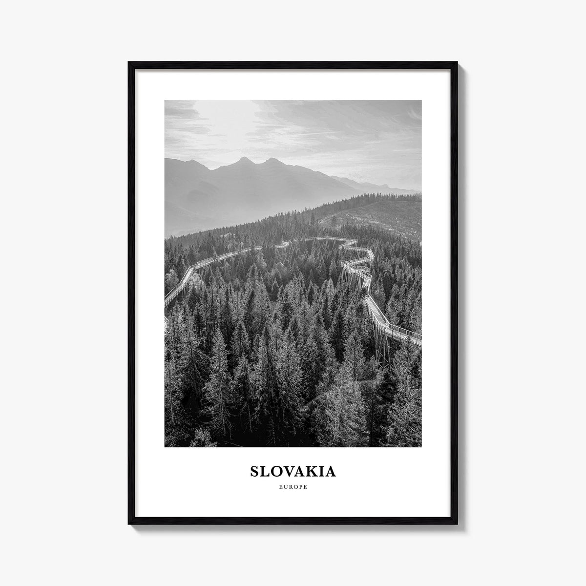 Slovakia black & white classic poster of Europe – vertical wall art, unframed print shown in interior mockup