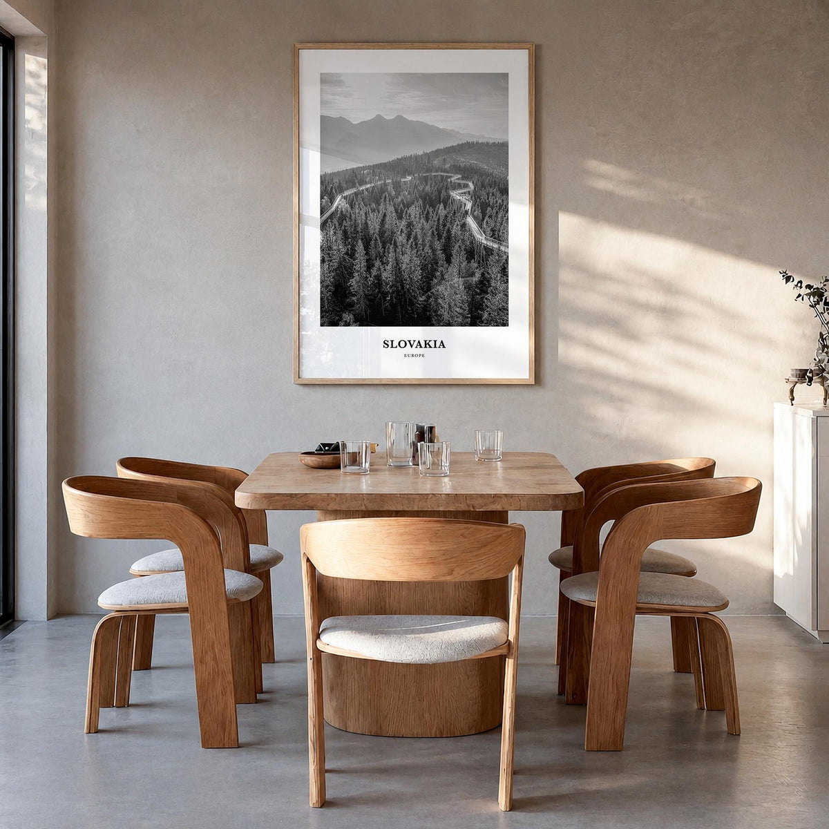 Slovakia black & white classic poster of Europe – vertical wall art in natural wood frame, hanging on wall