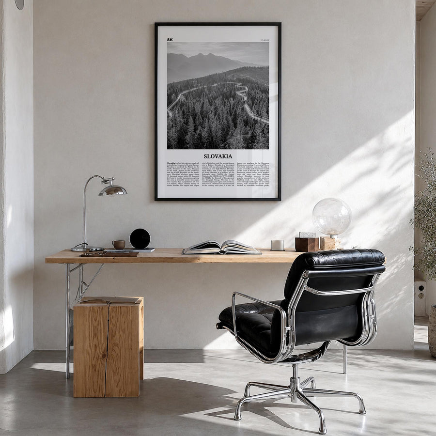 Slovakia black & white newspaper poster of Europe – vertical wall art in black wood frame, hanging on wall
