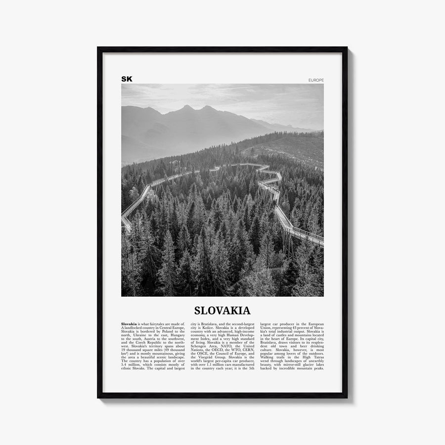Slovakia black & white newspaper poster of Europe – vertical wall art, unframed print shown in interior mockup