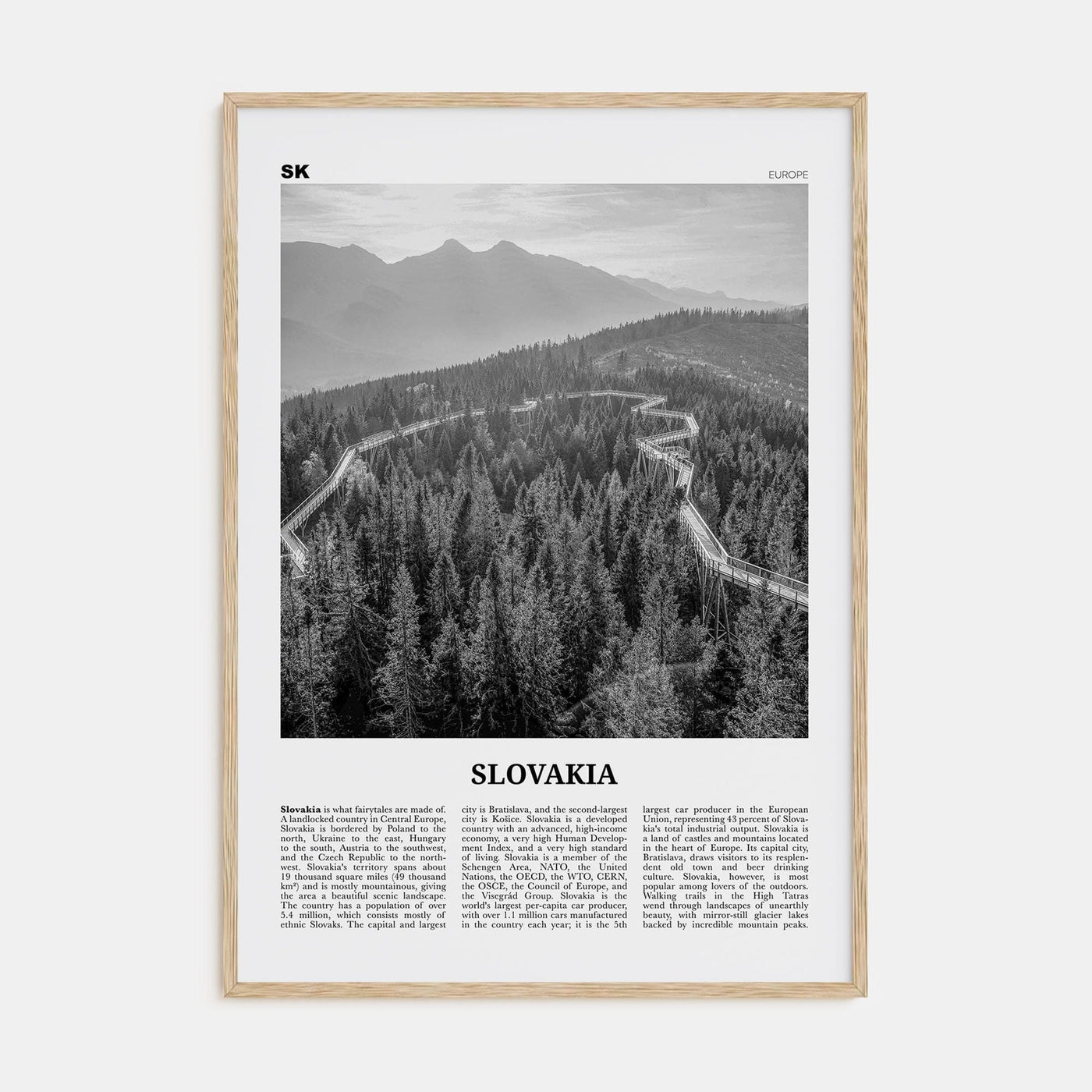 Slovakia Poster Natural Wood / 8x12 in Nbourhood Travel B&W Poster