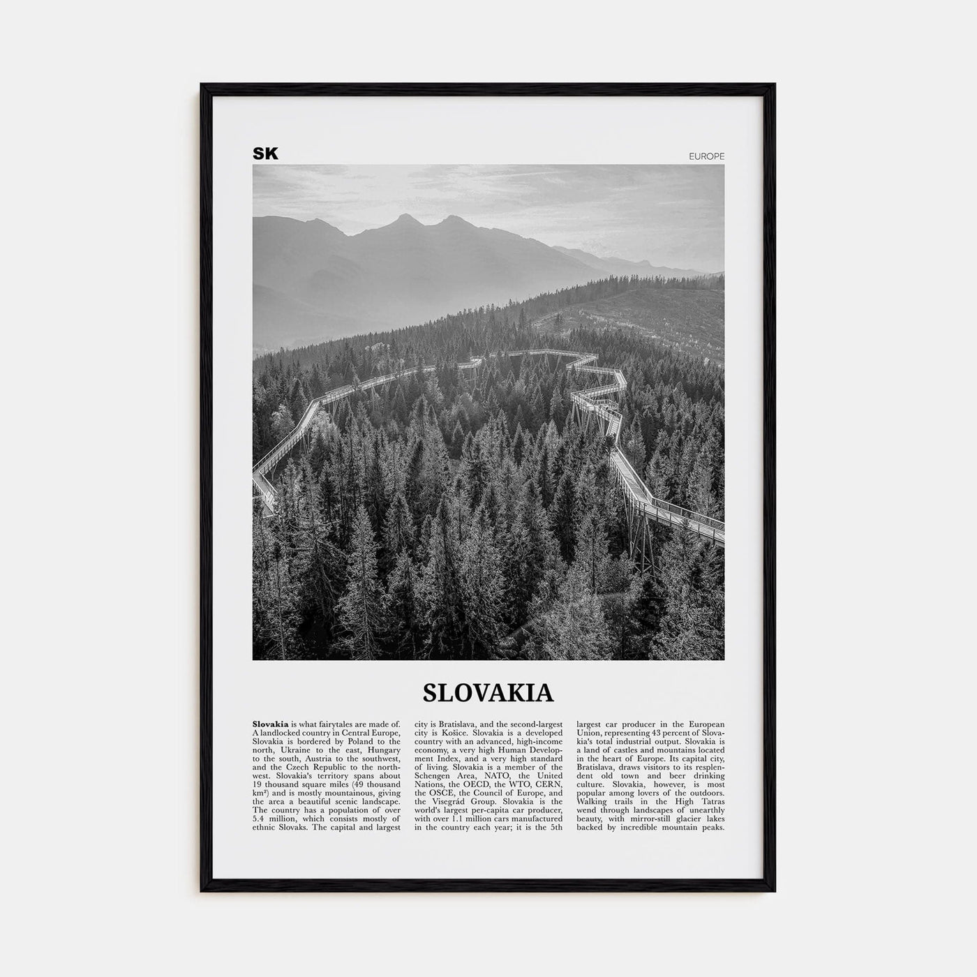 Slovakia Poster Black Wood / 8x12 in Nbourhood Travel B&W Poster