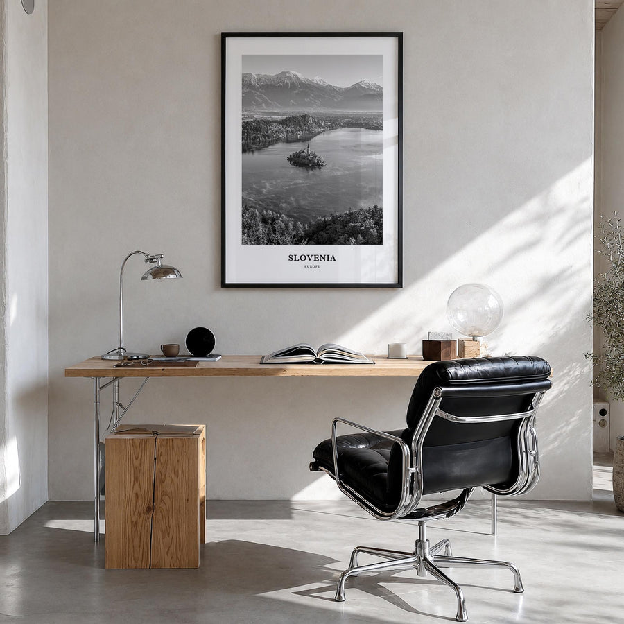 Slovenia black & white classic poster of Europe – vertical wall art in black wood frame, hanging on wall