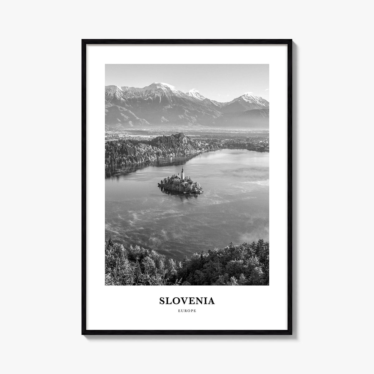 Slovenia black & white classic poster of Europe – vertical wall art, unframed print shown in interior mockup