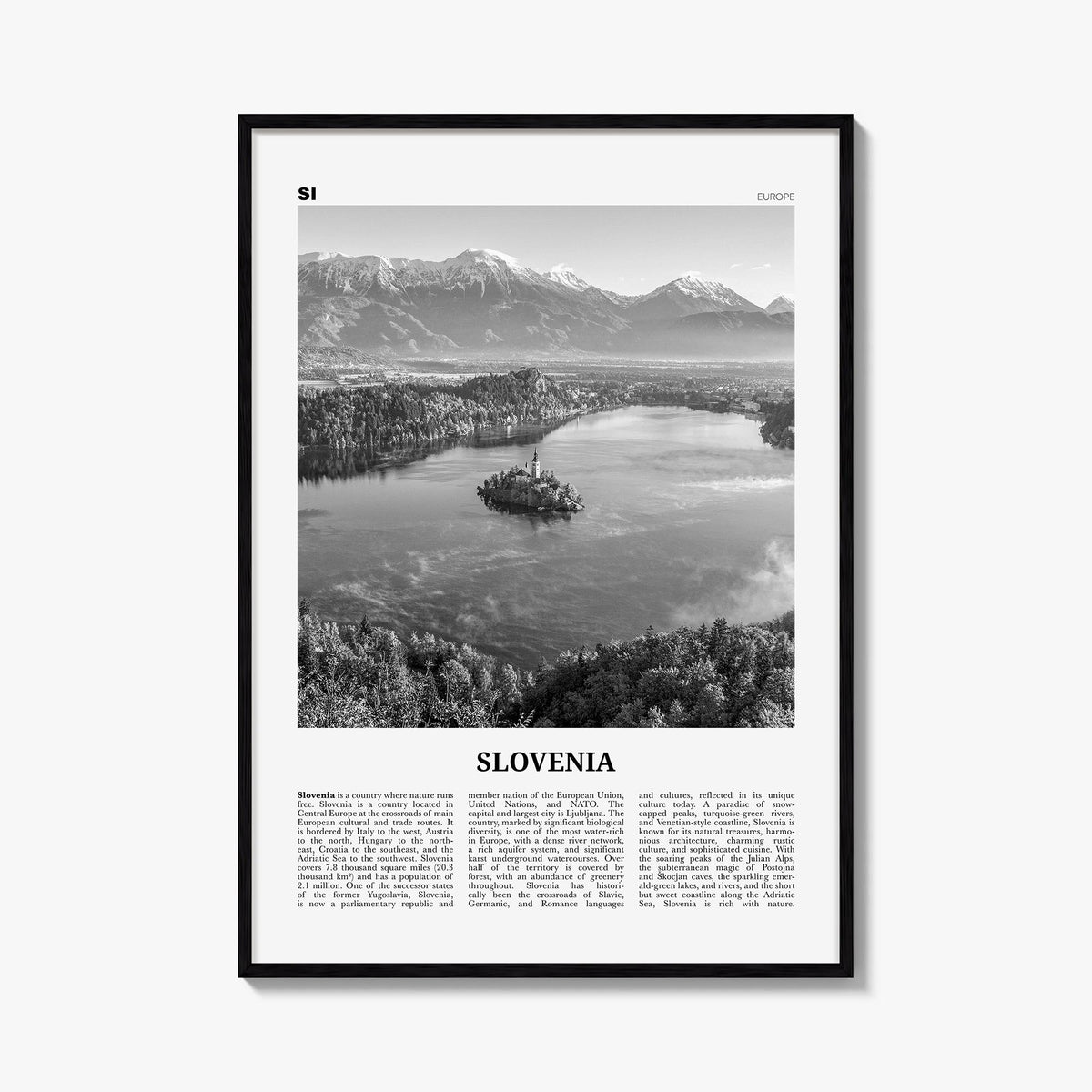 Slovenia black & white newspaper poster of Europe – vertical wall art, unframed print shown in interior mockup