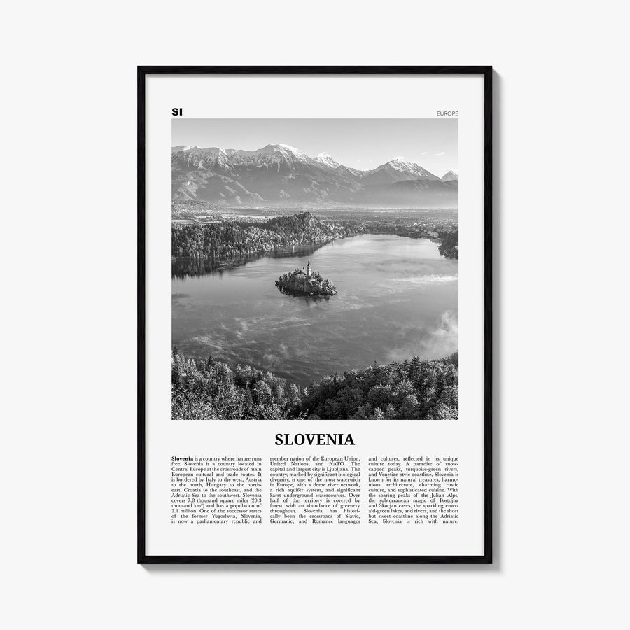 Slovenia black & white newspaper poster of Europe – vertical wall art, unframed print shown in interior mockup
