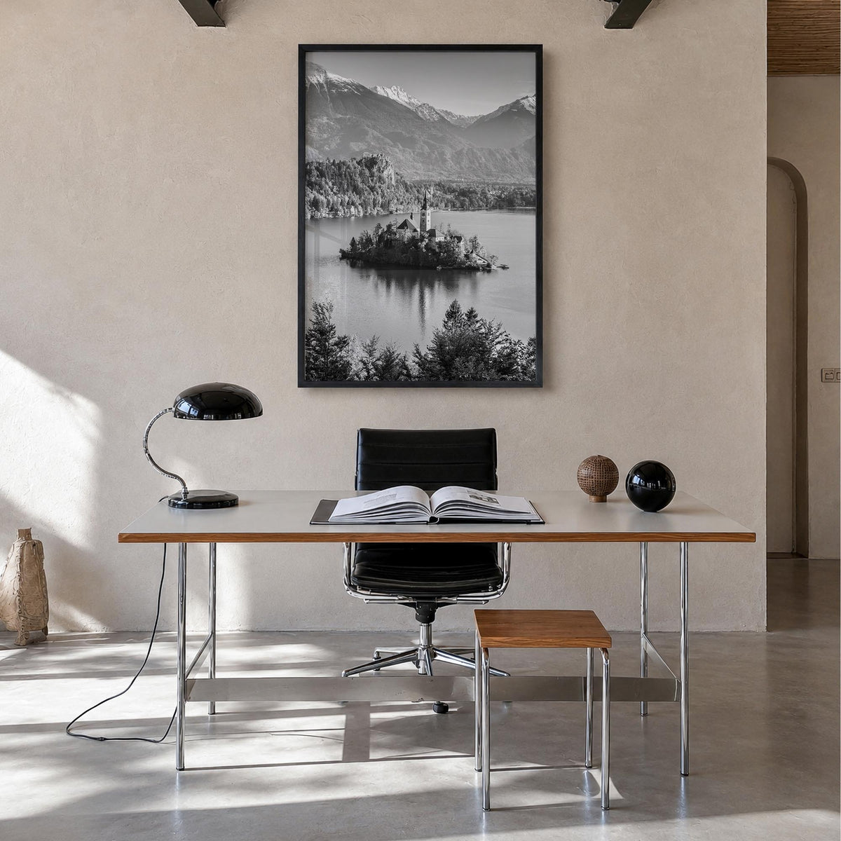Slovenia black & white photo poster of Europe – vertical wall art in black wood frame, hanging on wall