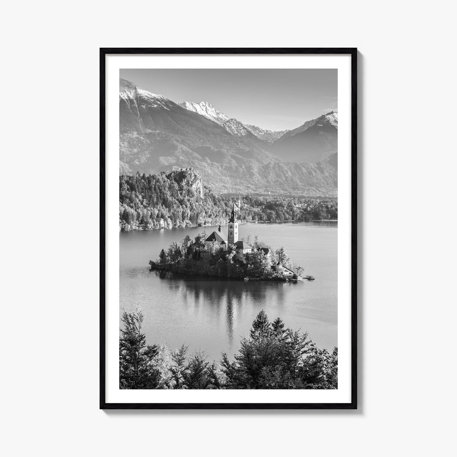 Slovenia black & white photo poster of Europe – vertical wall art, unframed print shown in interior mockup